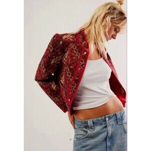 Free People Jacket Women Red Paisley Zoey Quilted Boho City Holiday Sz L New